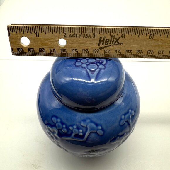 Metlox Blue Cherry Blossom Jar w/ Lid Embossed Floral Vase California Pottery - Picture 9 of 10